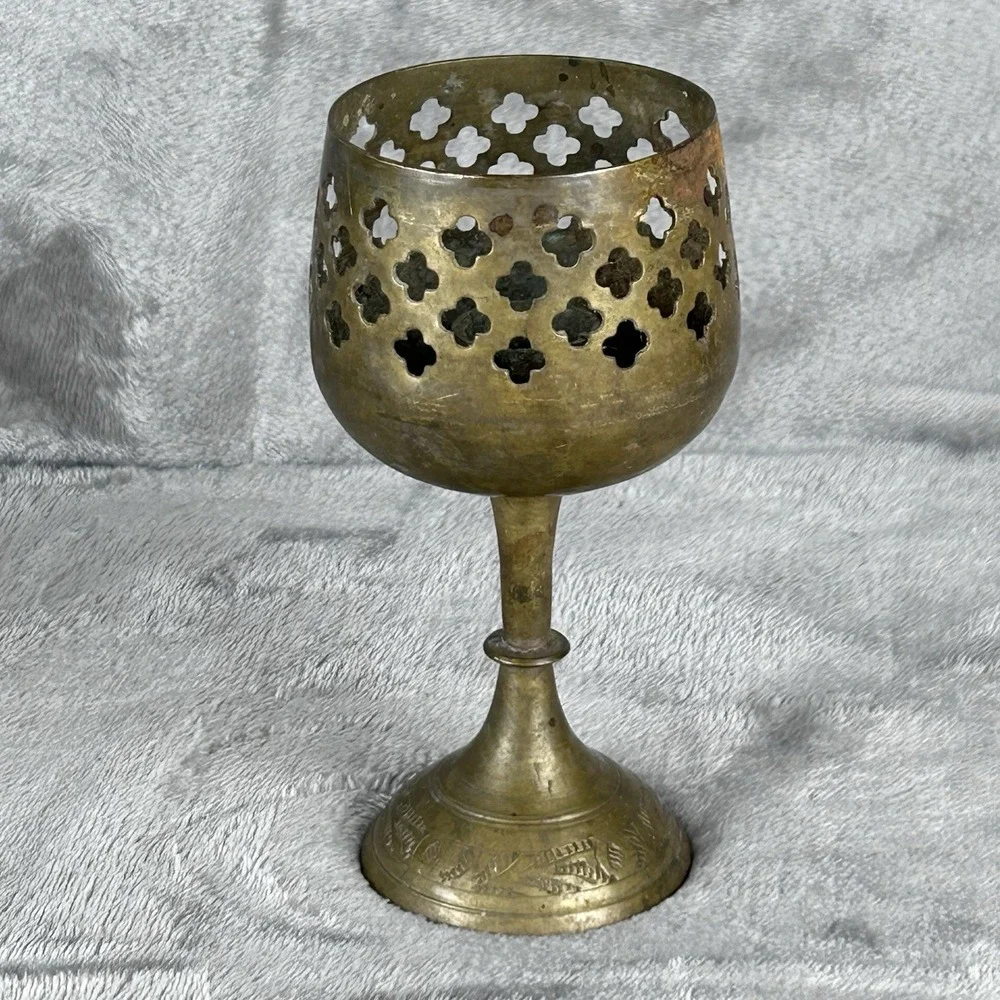 Candlestick Candle Holder Goblet Style Vintage Solid Brass Lovely Patina Cut Out